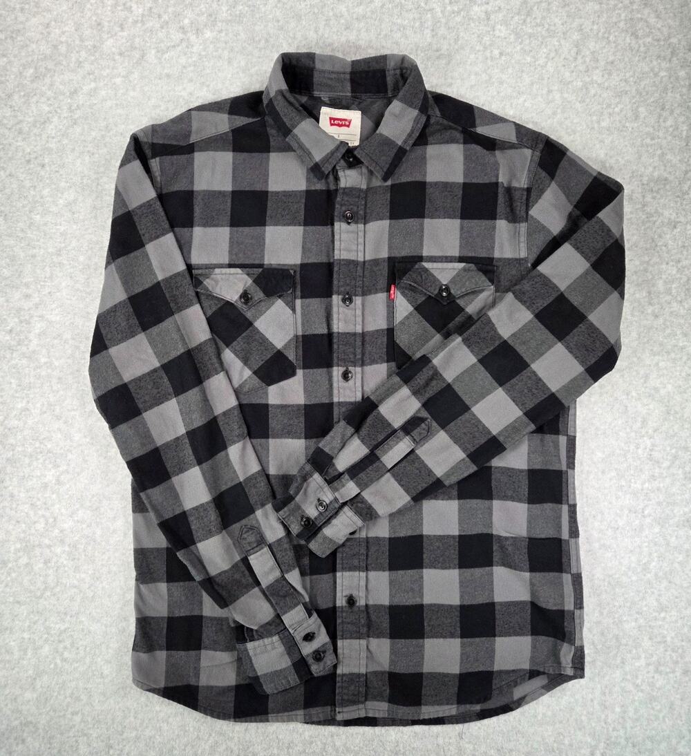 Levi's Men's Plaid Flannel Button Up Shirt Gray Black Buffalo Check Size S Small
